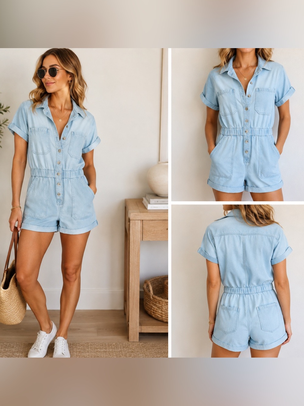 Show Me Your Mumu Blue Denim Utility Romper Medium Button Front Shorts